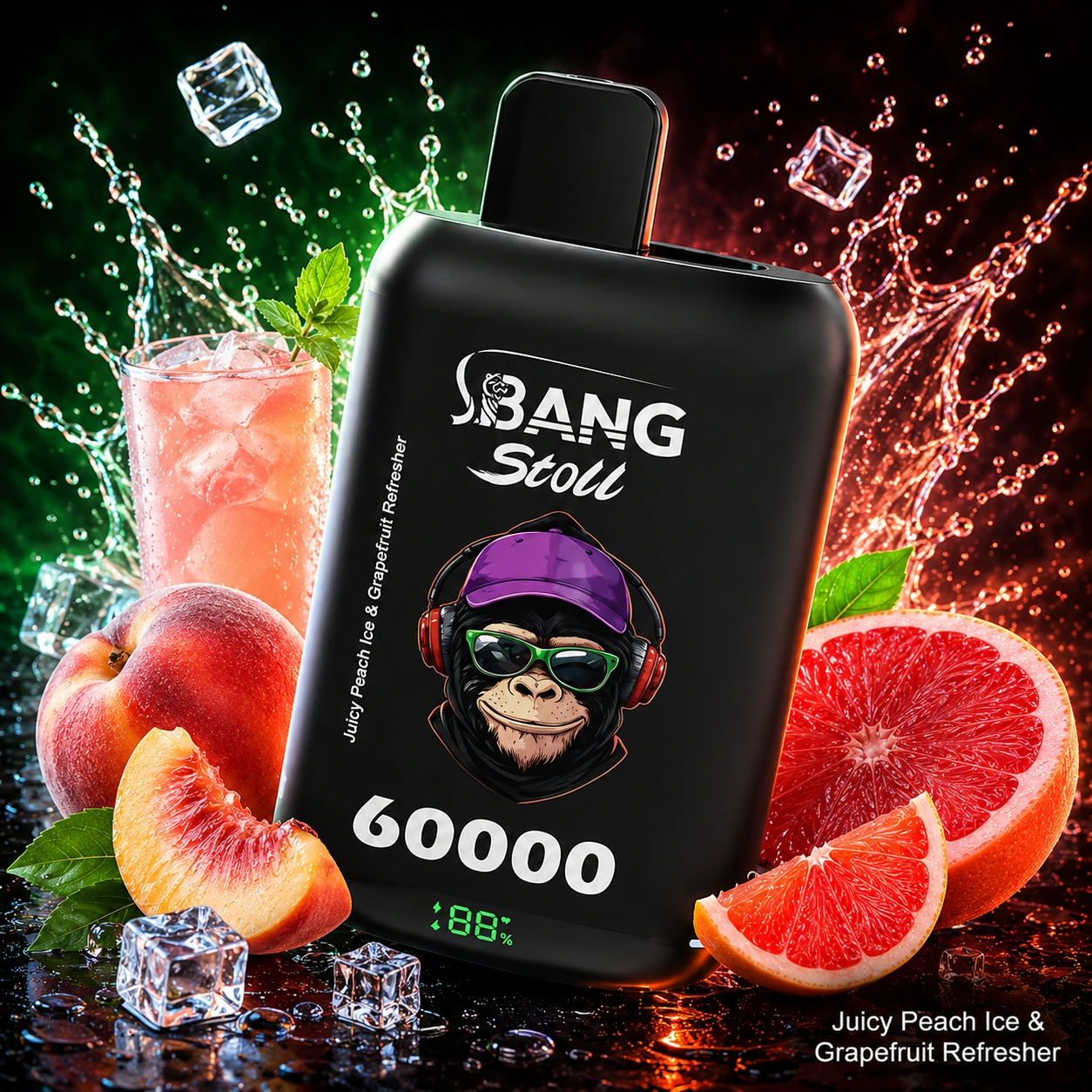 Bang Stoll 60K engångsvape med smaken ”Juicy Peach Ice & Grapefruit Refresher”, persika, grapefrukt, isdryck och en skvätt
