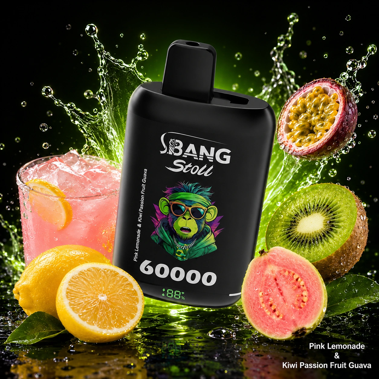 Bang Stoll 60K engångsvape med smakerna Pink Lemonade och Kiwi Passion Fruit Guava: citron, kiwi, guava, passionsfrukt och isdryck