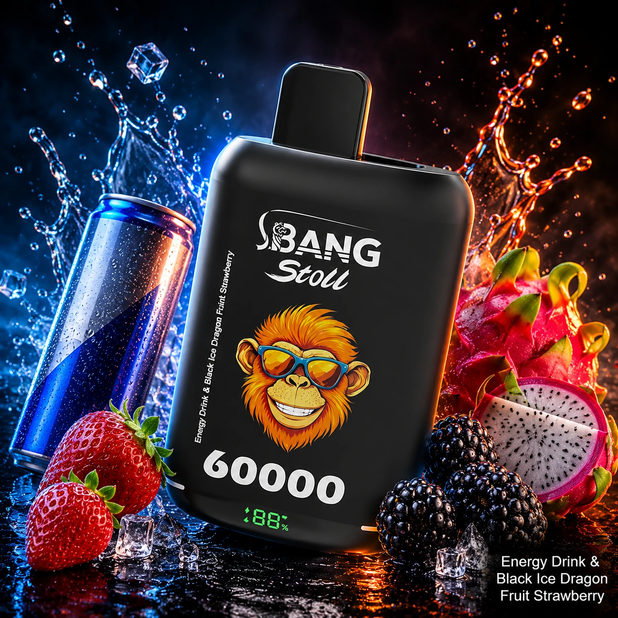 Bang Stoll 60K engångsvape med smakerna Energy Drink och Black Ice Dragon Fruit Strawberry, burk, drakefrukt, bär och is