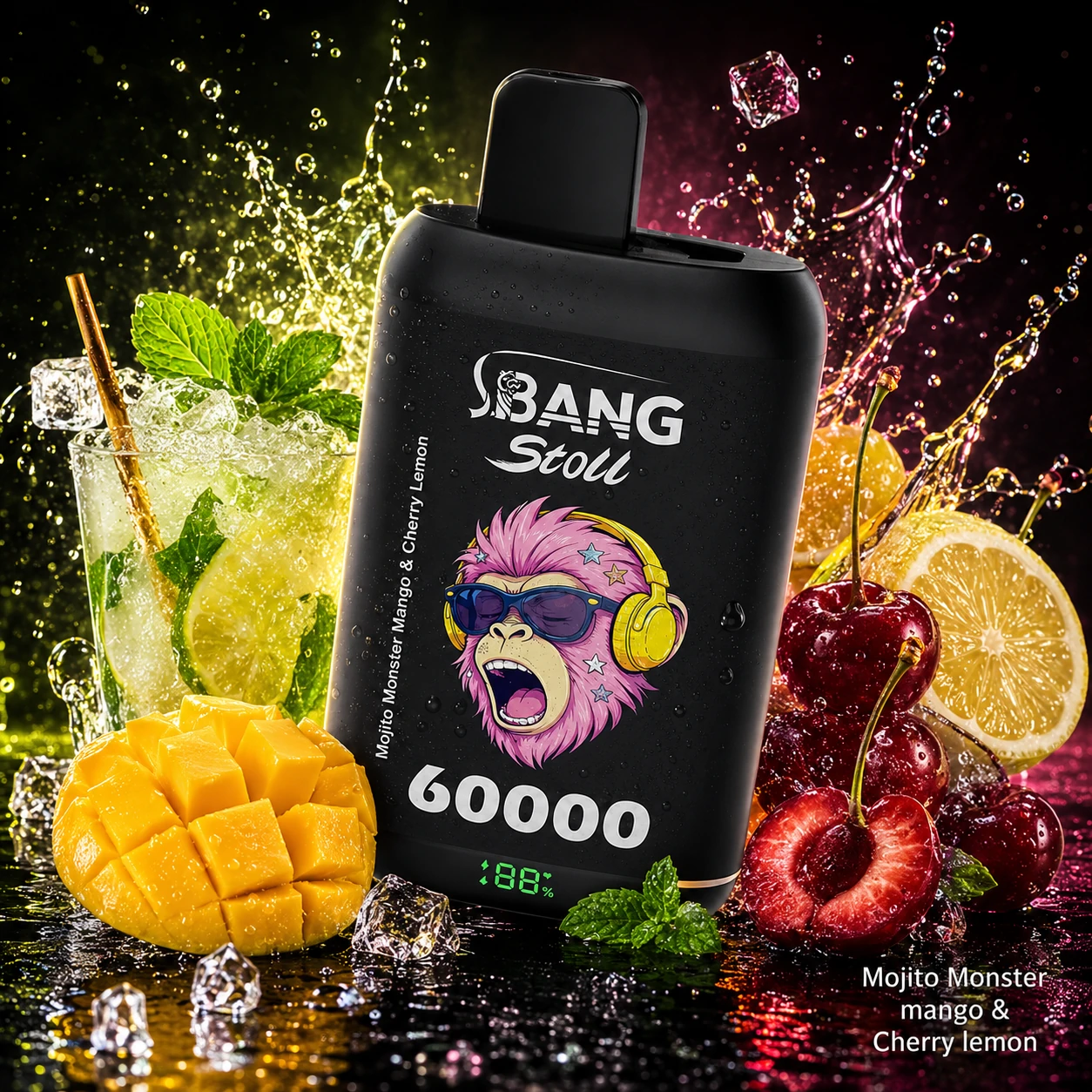 Bang Stoll 60K engångsvape med smaken Mojito Monster Mango & Cherry Lemon, mango, körsbär, citron och isdryck