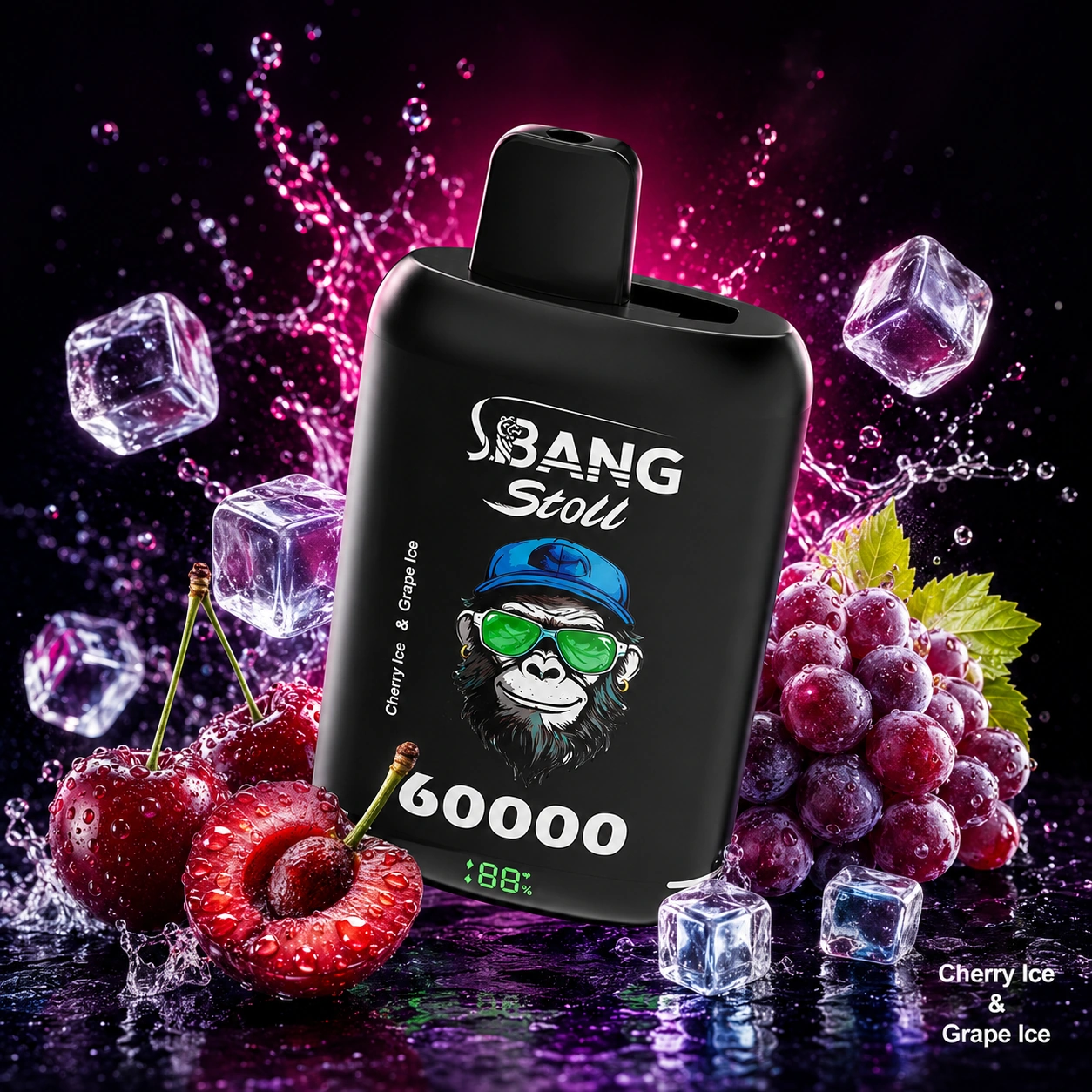 Bang Stoll 60K engångsvape med smakerna Cherry Ice och Grape Ice, körsbär, druvor, isbitar och en bakgrund med lila stänk