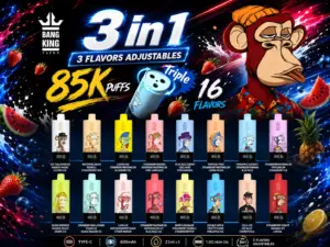 Bang King Triple 85K Vape 16 flavors collection with 3-in-1 adjustable flavors, Type-C charging, 600mAh battery, and up to 85,000 puffs