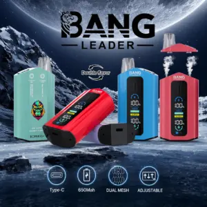 Bang Leader 50K disposable vape device with 2-in-1 flavor design and 50,000-puff branding shown on a clean product background.