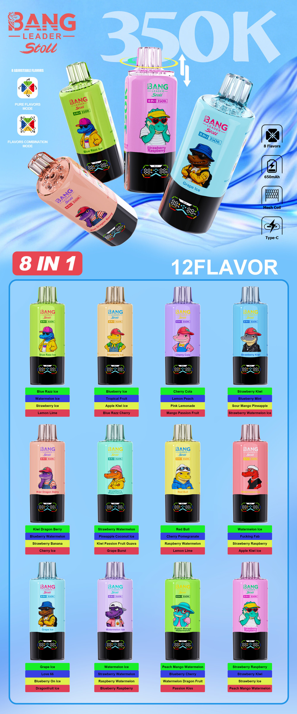 Bang Leader Stoll 350K Disposable Vape – 350000 Puffs 8-in-1 Flavors Mesh Coil - 图片 2