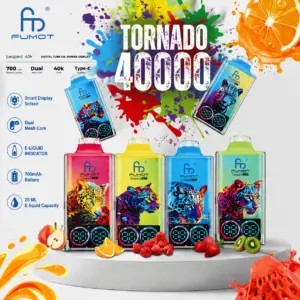「Fumot Leopard 40K」使い捨て電子タバコ(トロピカルフレーバー)のアートワーク。鮮やかなデザインが施された本製品が写っている。.