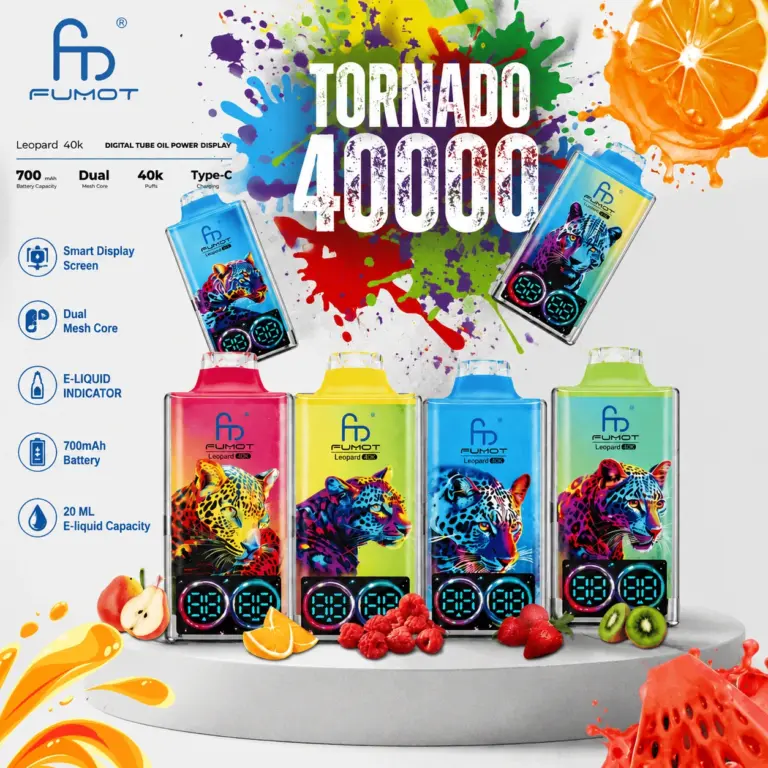 Fumot Leopard 40K disposable vape tropical flavor artwork showing the device with bright product styling.