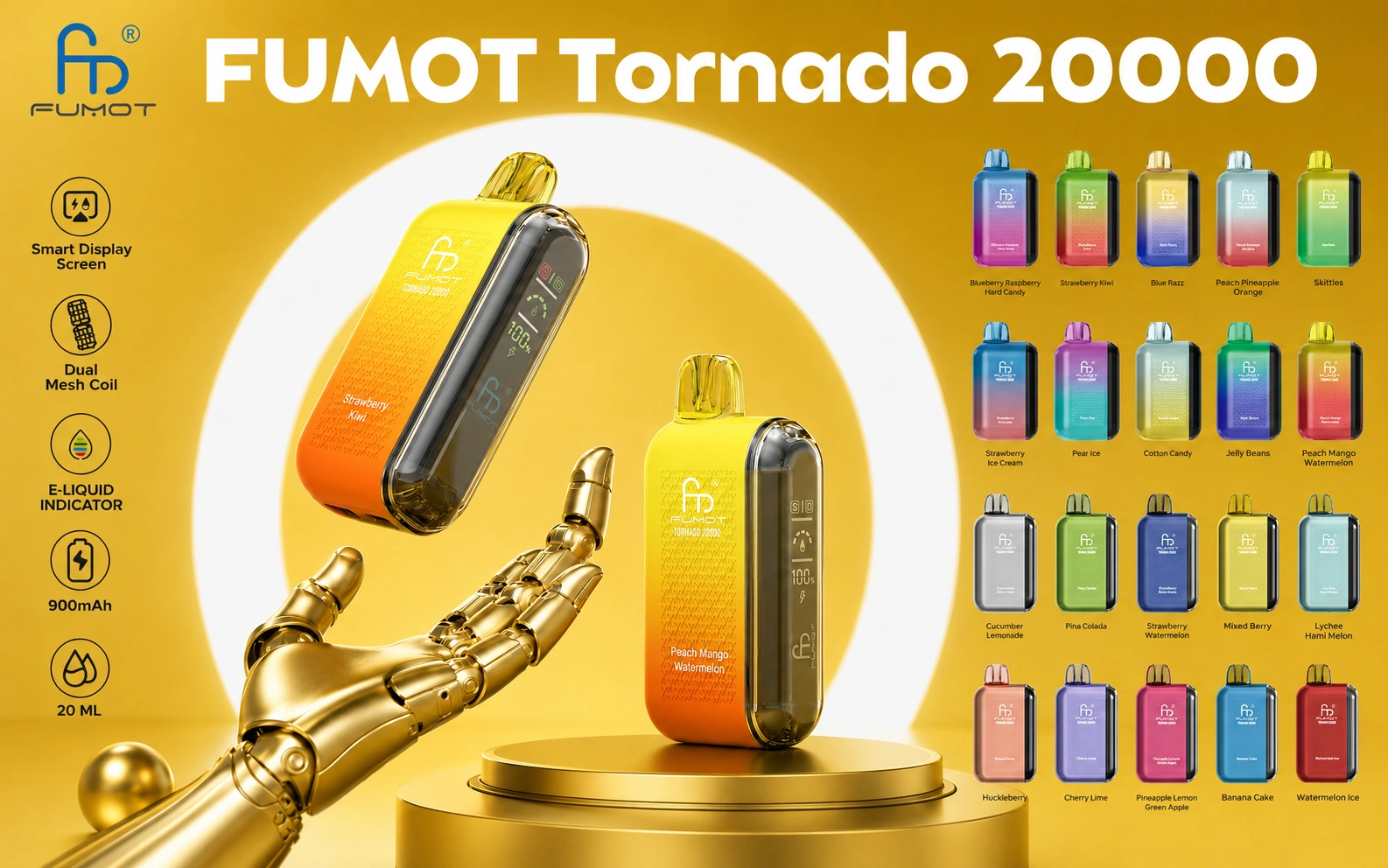 Fumot Tornado 20000 Puffs Smart LED Display disposable vape with multiple flavor options