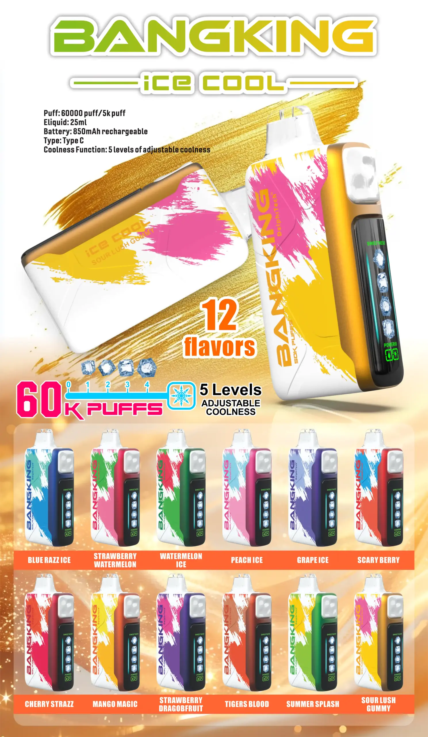 Bang King Ice Cool 60K Puffs Vape – 5-Level Adjustable Coolness & Mesh Coil - 图片 2