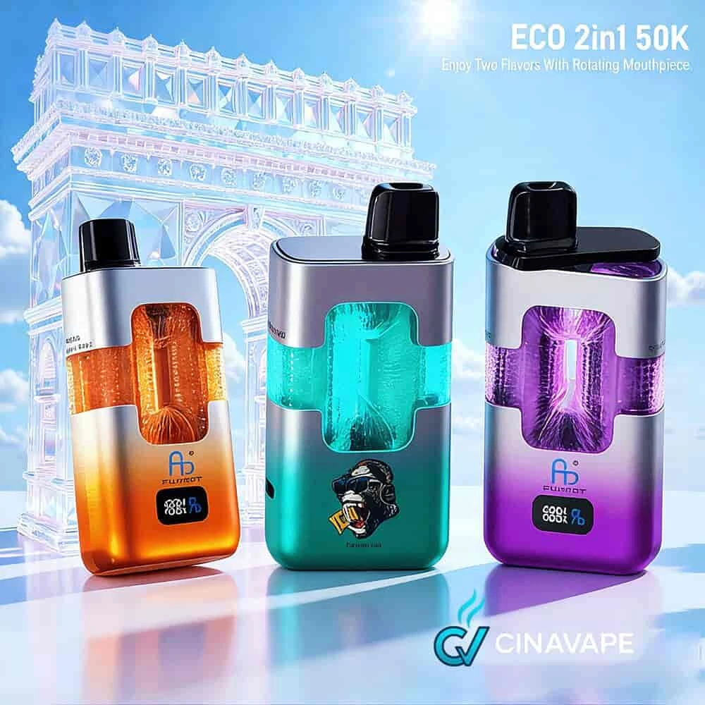 Fumot ECO 2 in 1 50K Double Flavors Smart Display product display with branded device artwork, packaging details, and model visuals.