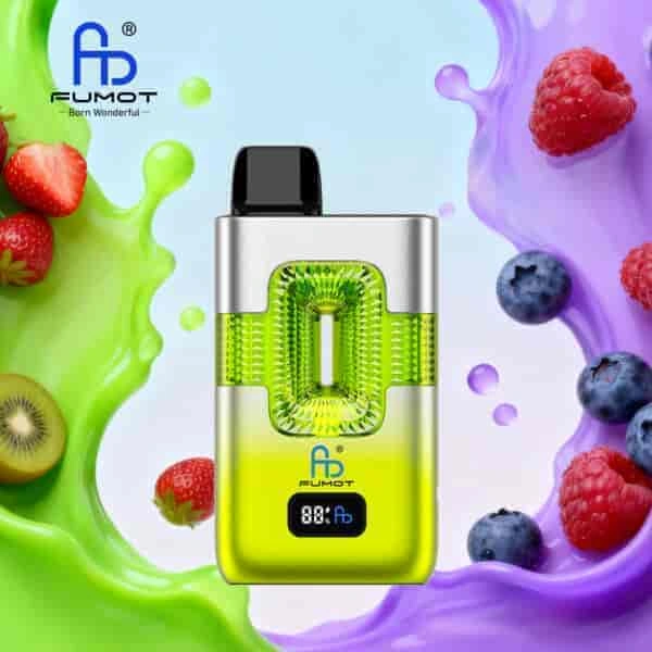 Fumot ECO 2 in 1 50K Double Flavors Smart Display 04 strawberry kiwi blueberry sour raspberry vape flavor design with device artwork and matching product packaging.