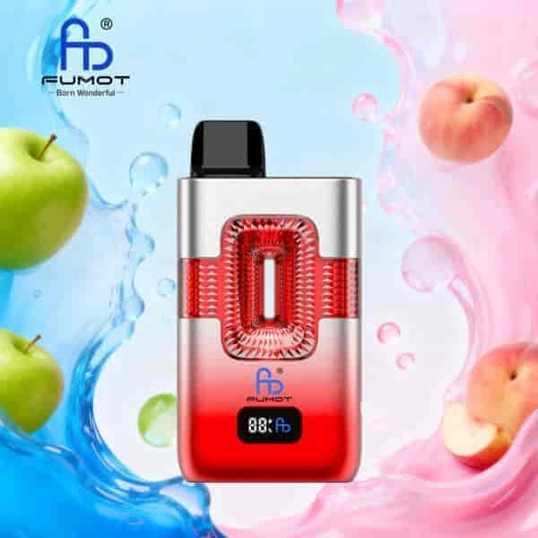 Fumot ECO 2 in 1 50K Double Flavors Smart Display 06 sour apple juicy peach vape flavor design with device artwork and matching product packaging.