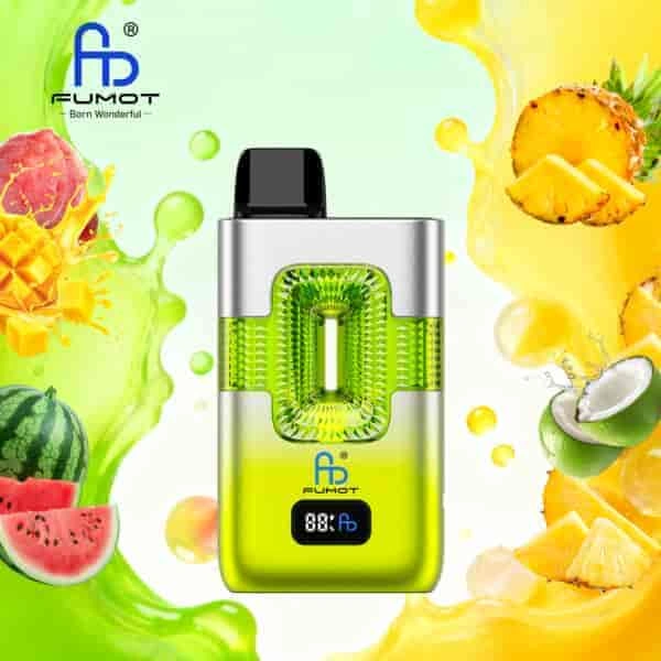Fumot ECO 2 in 1 50K Double Flavors Smart Display 09 peach mango watermelon pina colada vape flavor design with device artwork and matching product packaging.