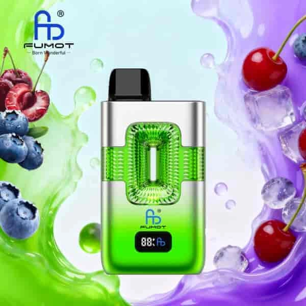 Fumot ECO 2 in 1 50K Double Flavors Smart Display 20 cherry ice blue razz cherry vape flavor design with device artwork and matching product packaging.
