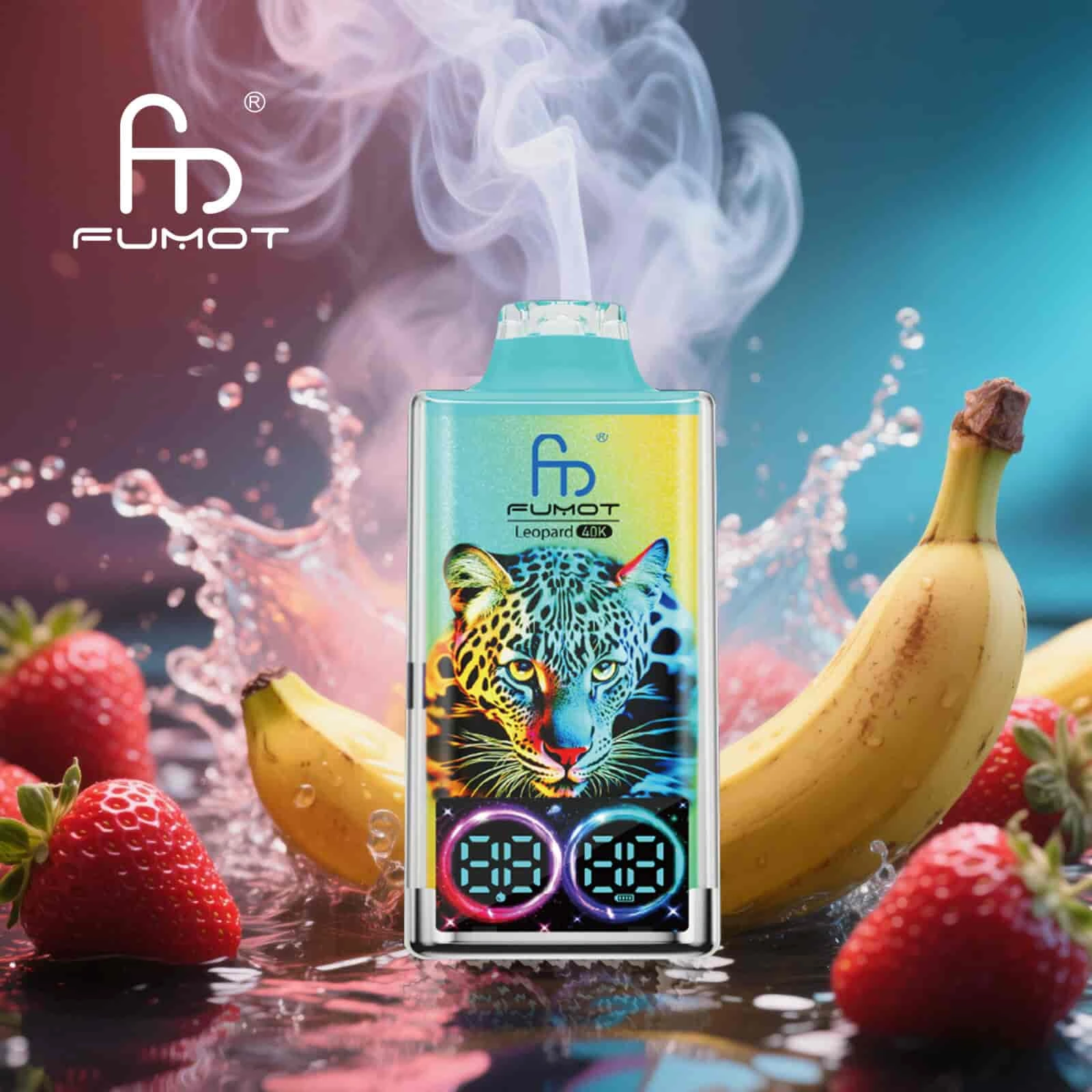 Fumot Leopard 40K disposable vape in Strawberry Banana flavor design with matching product artwork.
