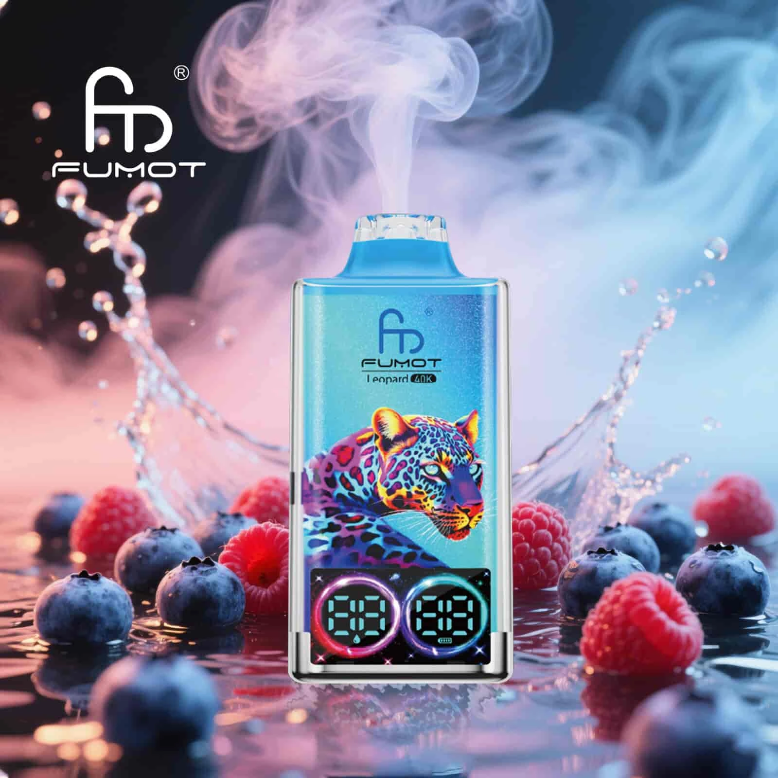 Fumot Leopard 40K disposable vape in Blueberry Raspberry flavor design with matching product artwork.
