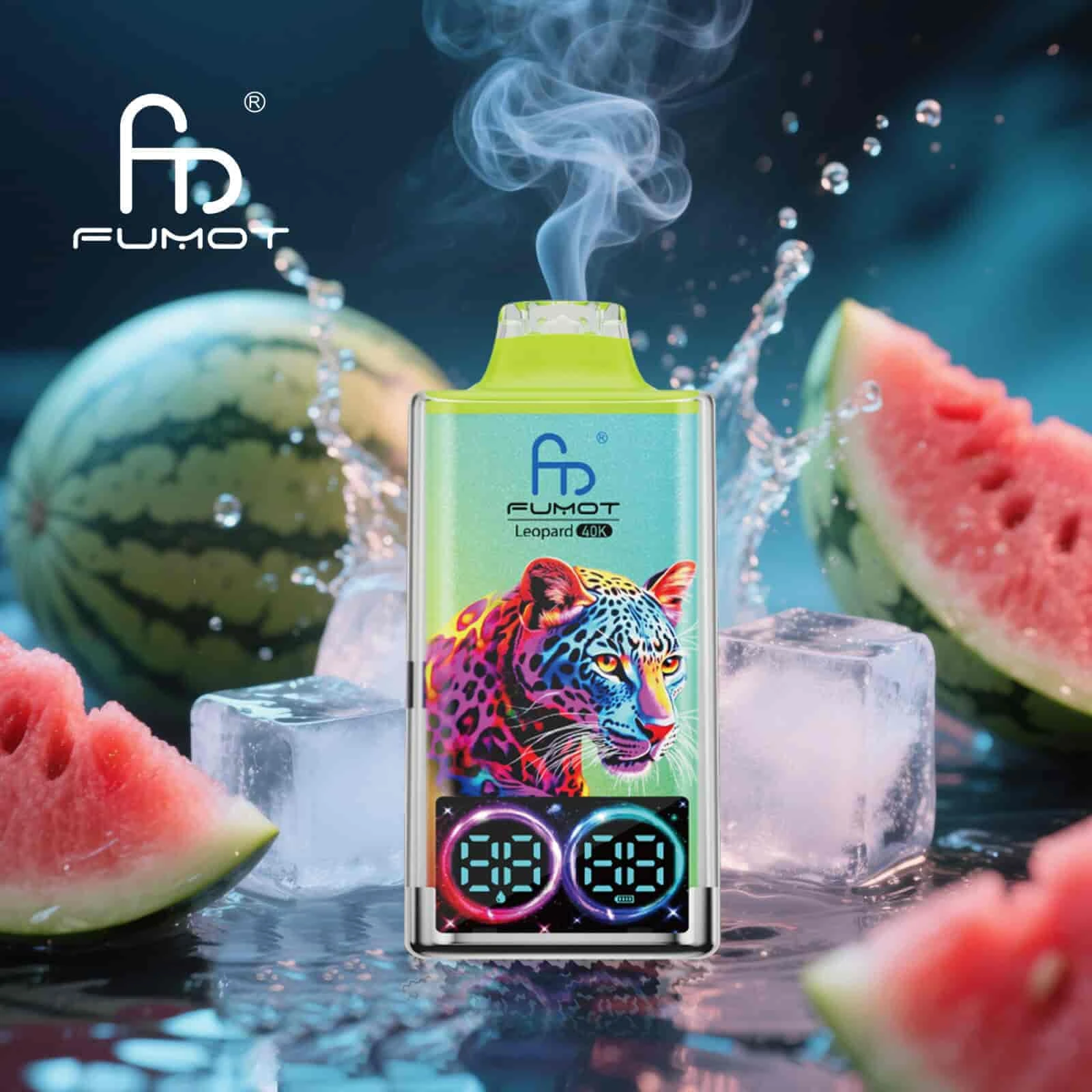 Fumot Leopard 40K disposable vape in Watermelon Ice flavor design with matching product artwork.