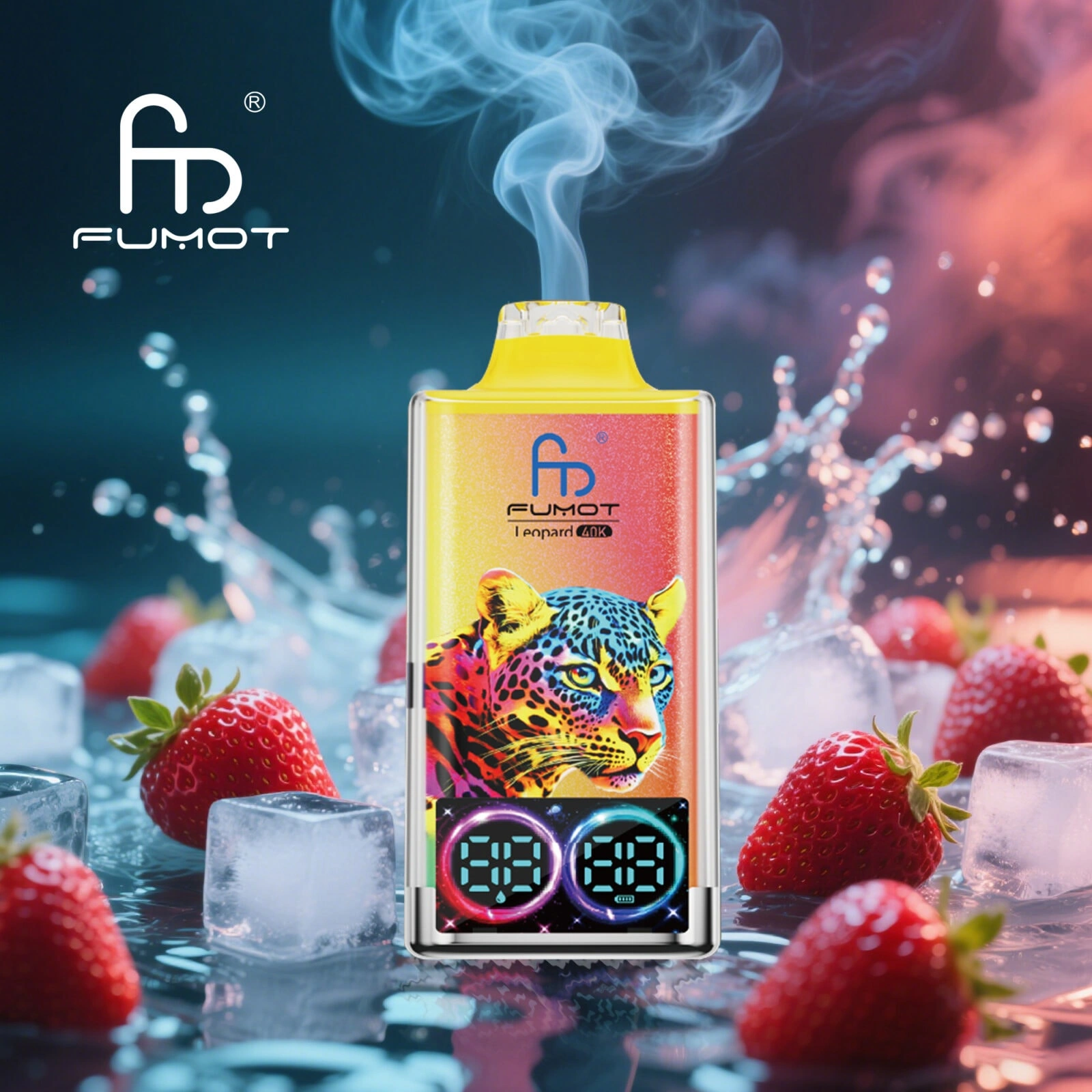 Fumot Leopard 40K disposable vape in Strawberry Ice flavor design with matching product artwork.