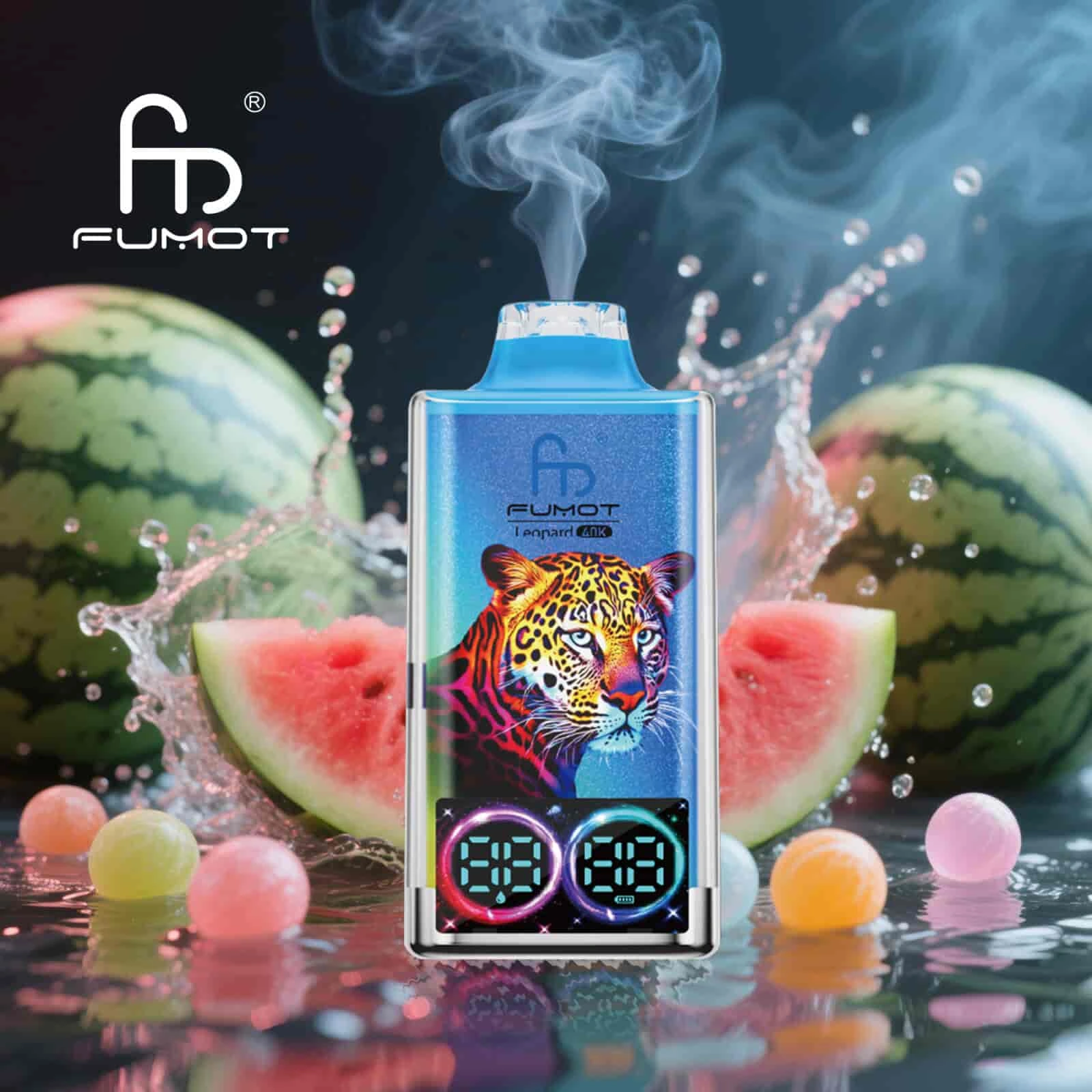 Fumot Leopard 40K disposable vape in Watermelon Bubblegum flavor design with matching product artwork.