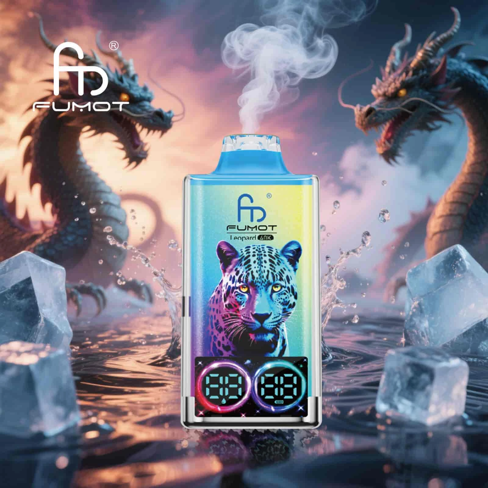 Fumot Leopard 40K disposable vape in Black Dragon Ice flavor design with matching product artwork.