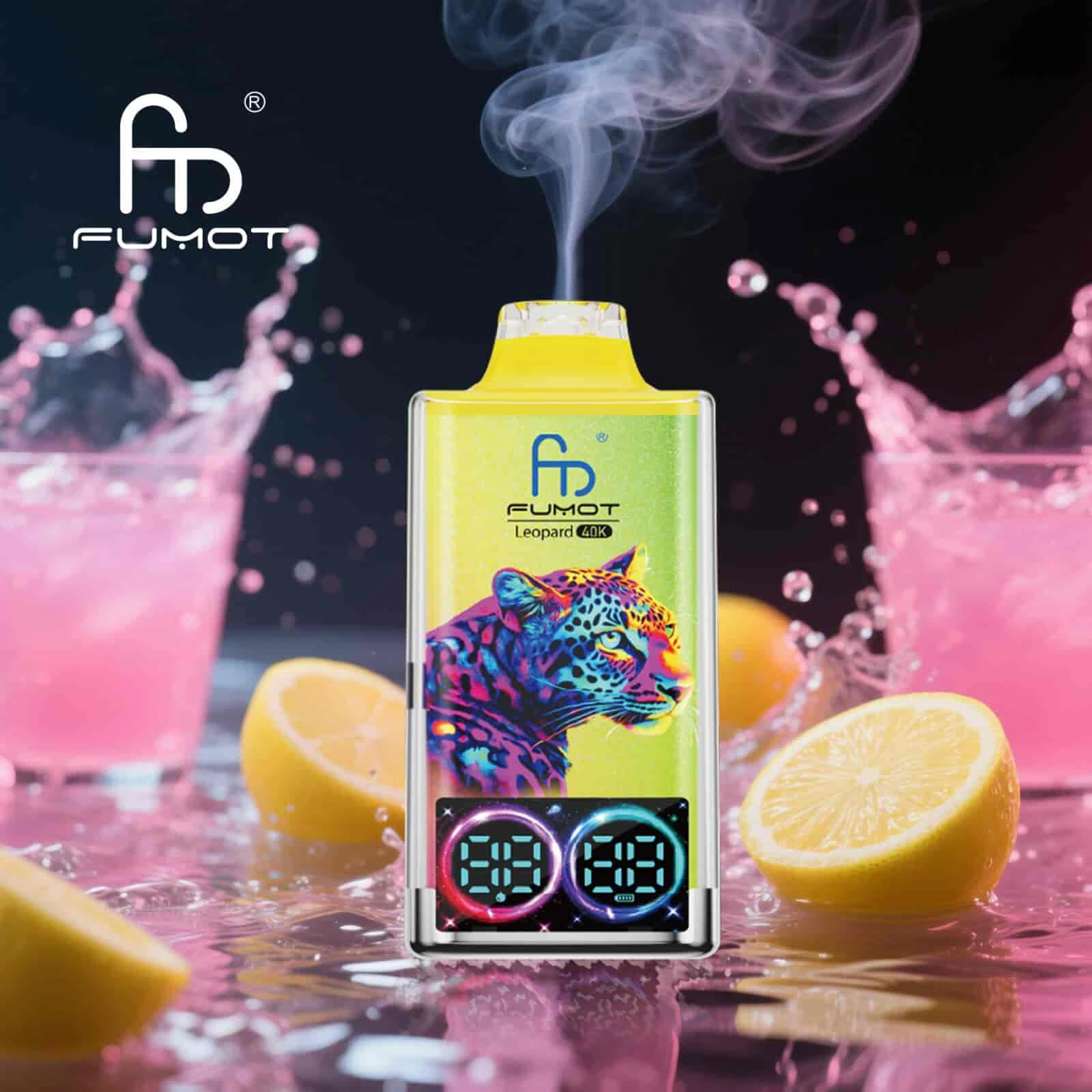 Fumot Leopard 40K disposable vape in Pink Lemonade flavor design with matching product artwork.