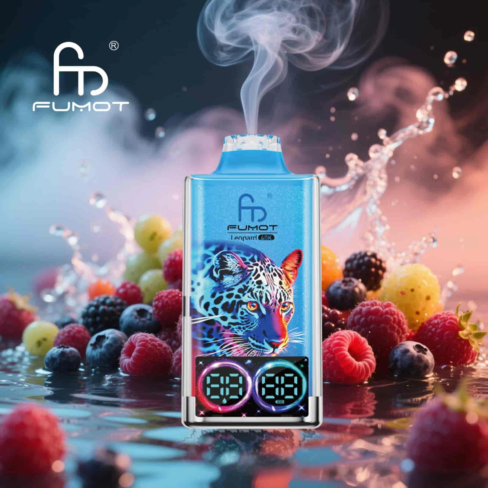 Fumot Leopard 40K disposable vape in Mixed Berries flavor design with matching product artwork.