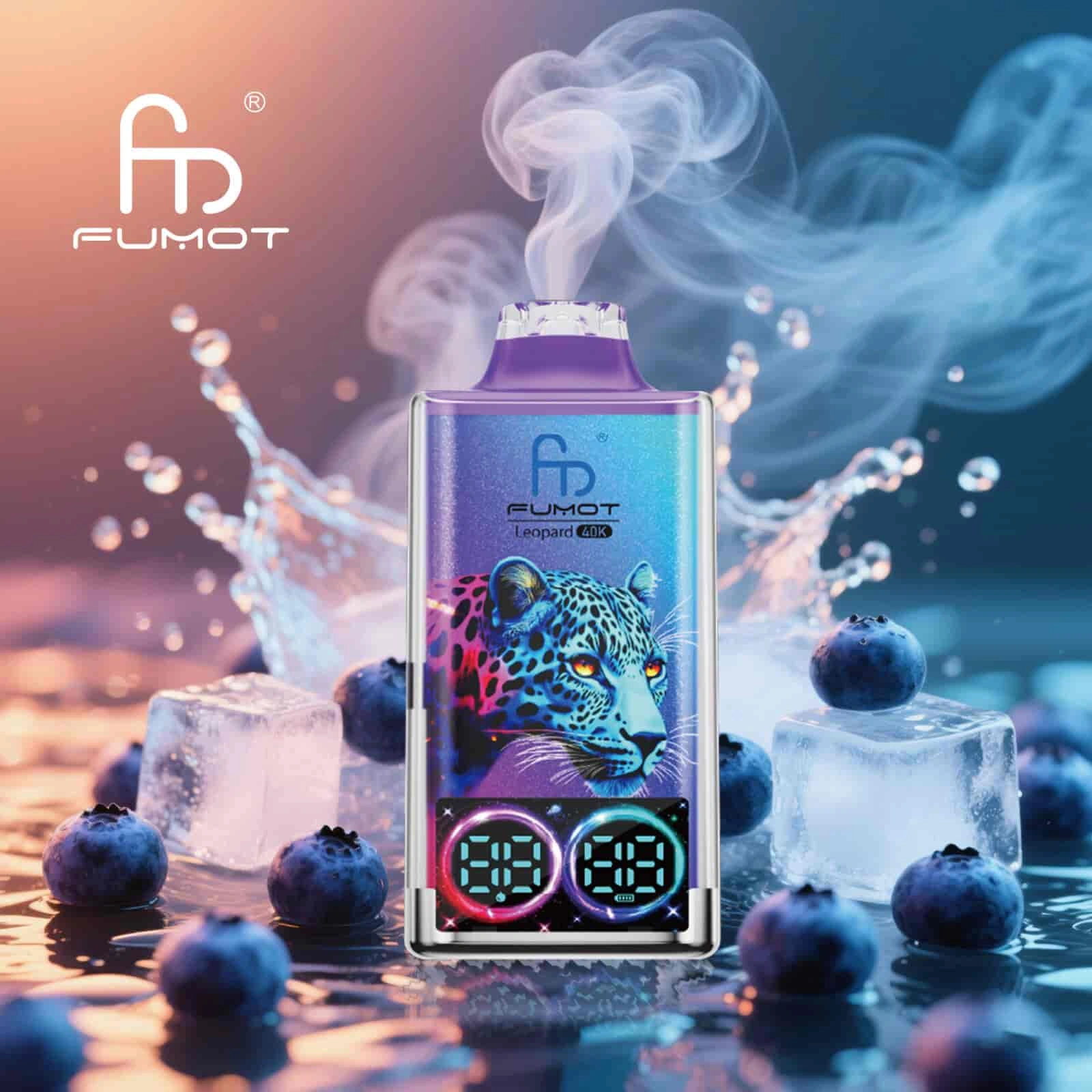 Fumot Leopard 40K disposable vape in Blueberry on Ice flavor design with matching product artwork.
