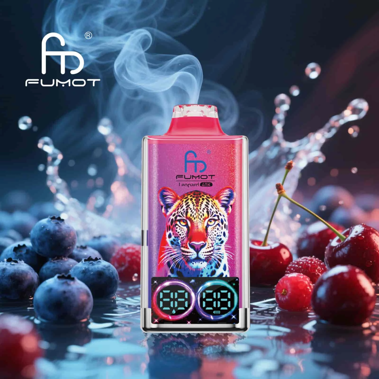 Fumot Leopard 40K disposable vape in Blueberry Cherry Cranberry flavor design with matching product artwork.