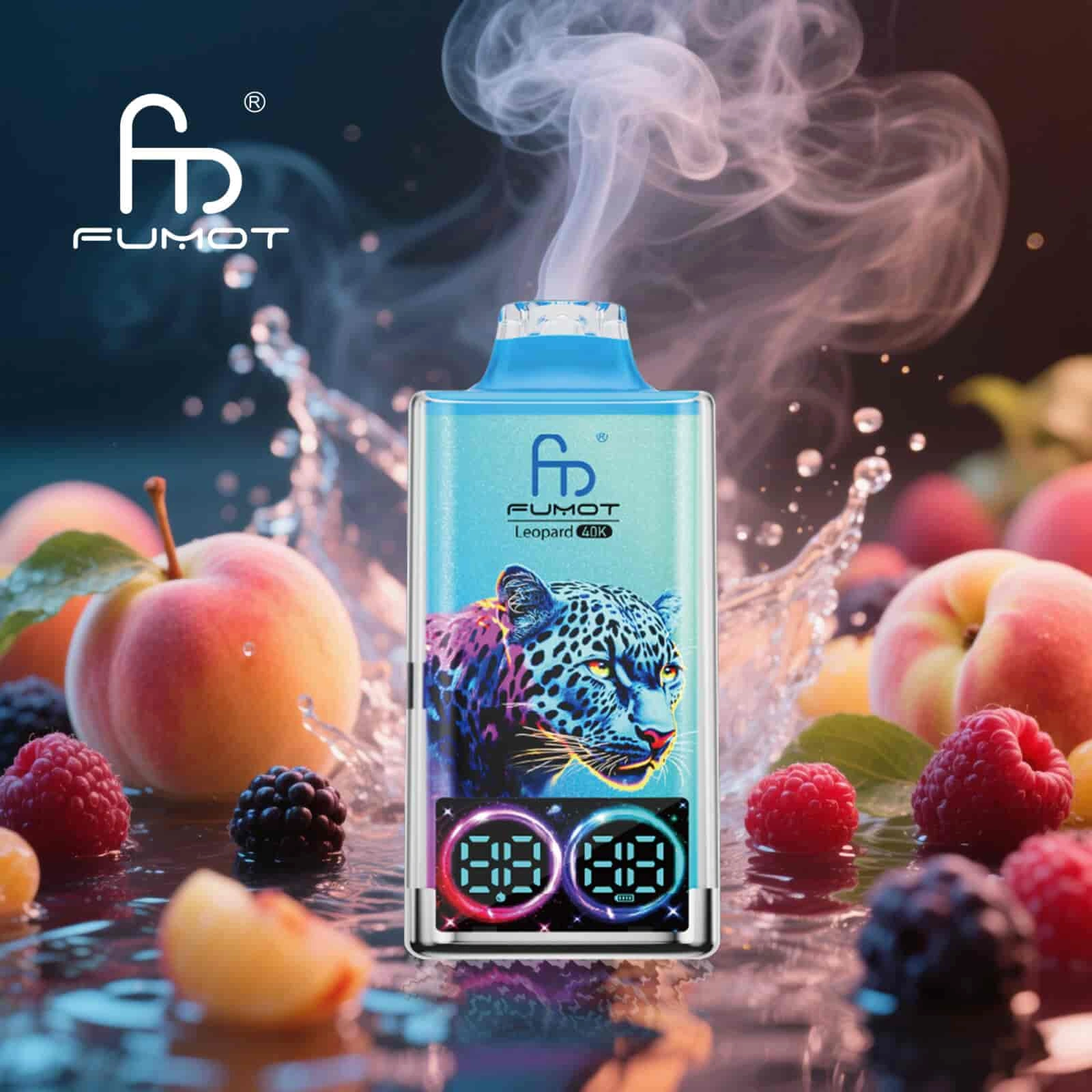 Fumot Leopard 40K disposable vape in Peach Berry flavor design with matching product artwork.