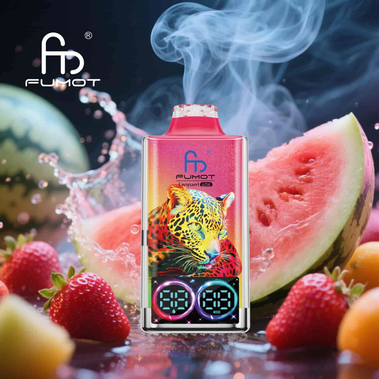 Fumot Leopard 40K disposable vape in Strawberry Watermelon flavor design with matching product artwork.