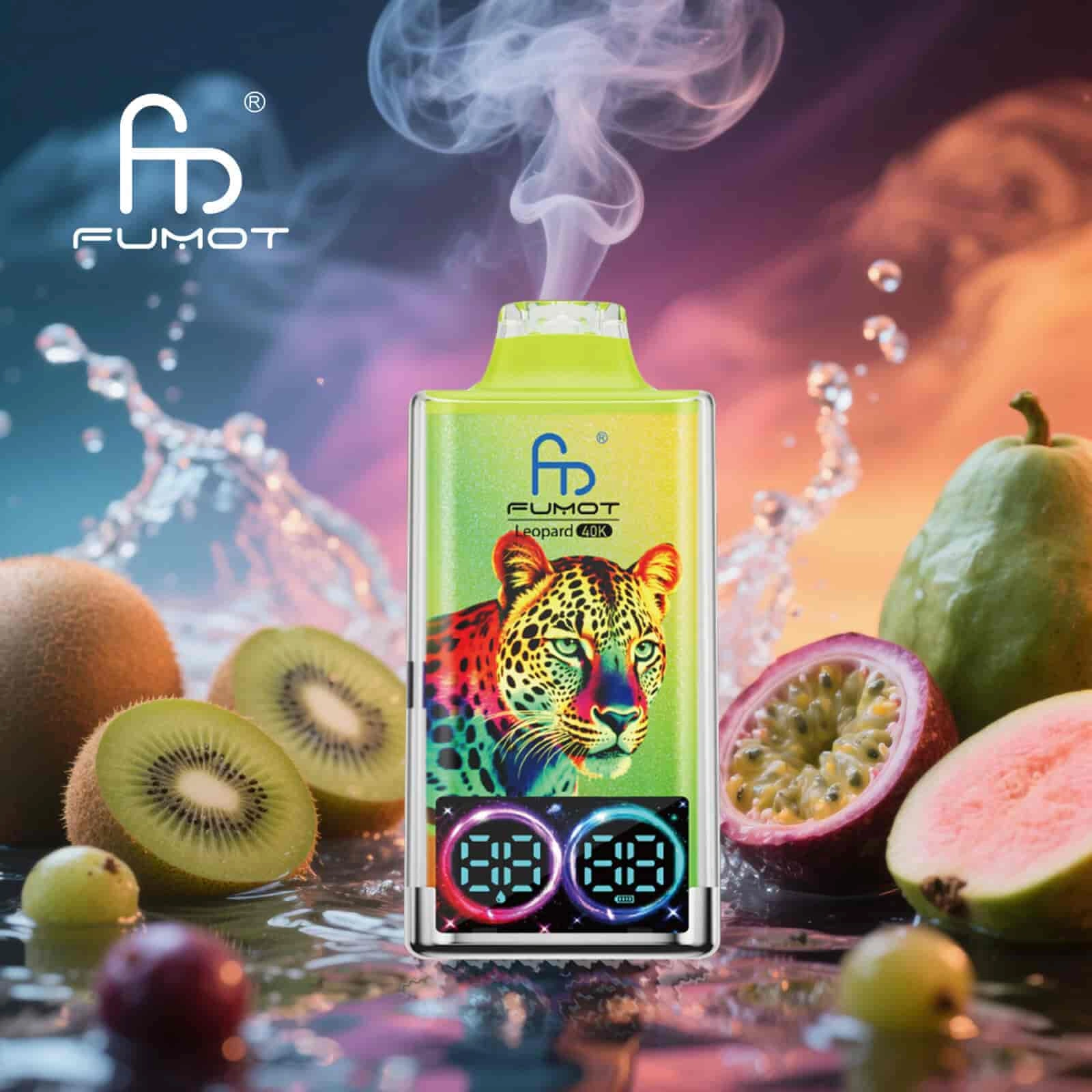 Fumot Leopard 40K disposable vape in Kiwi Passion Fruit Guava flavor design with matching product artwork.