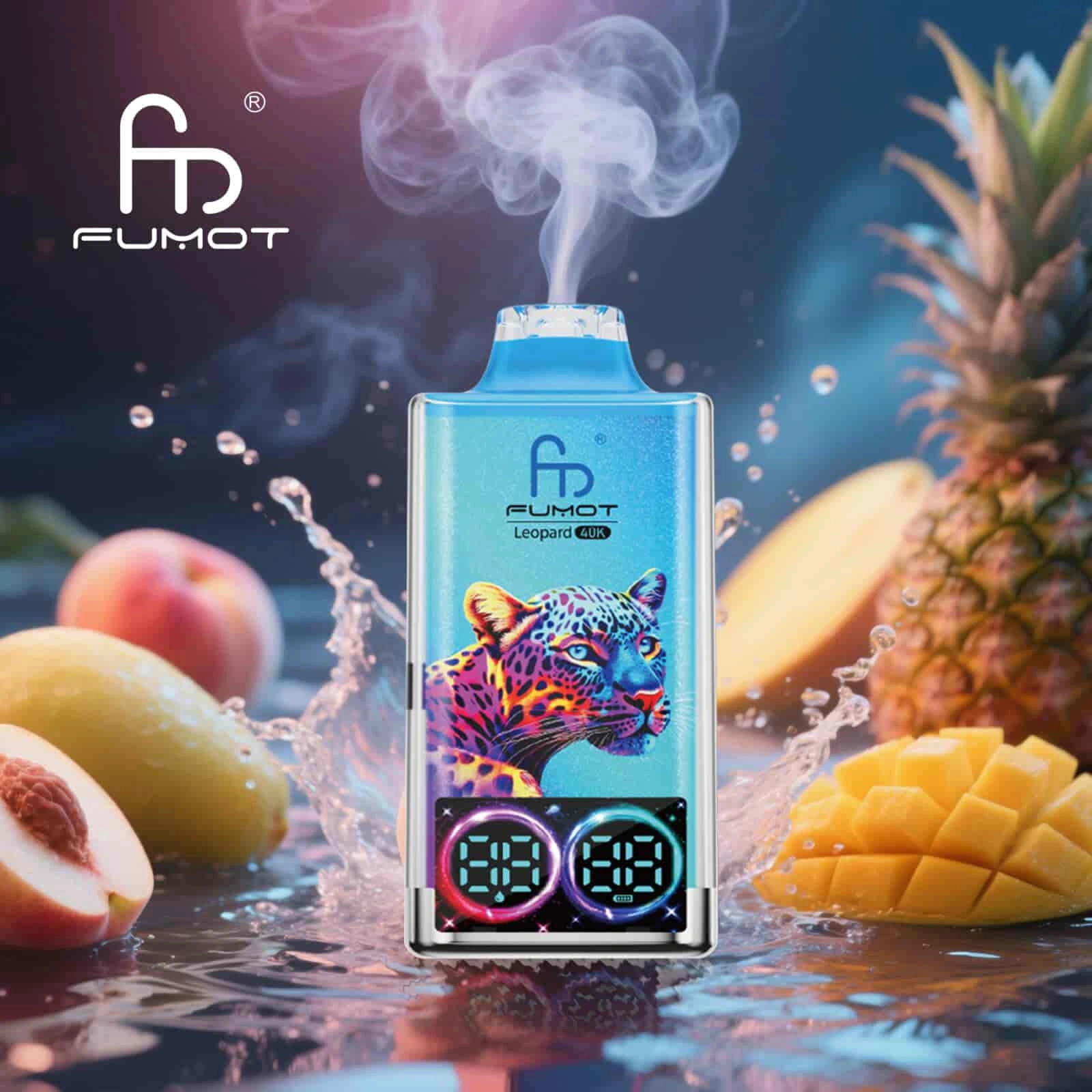 Fumot Leopard 40K disposable vape in Peachy Mango Pineapple flavor design with matching product artwork.