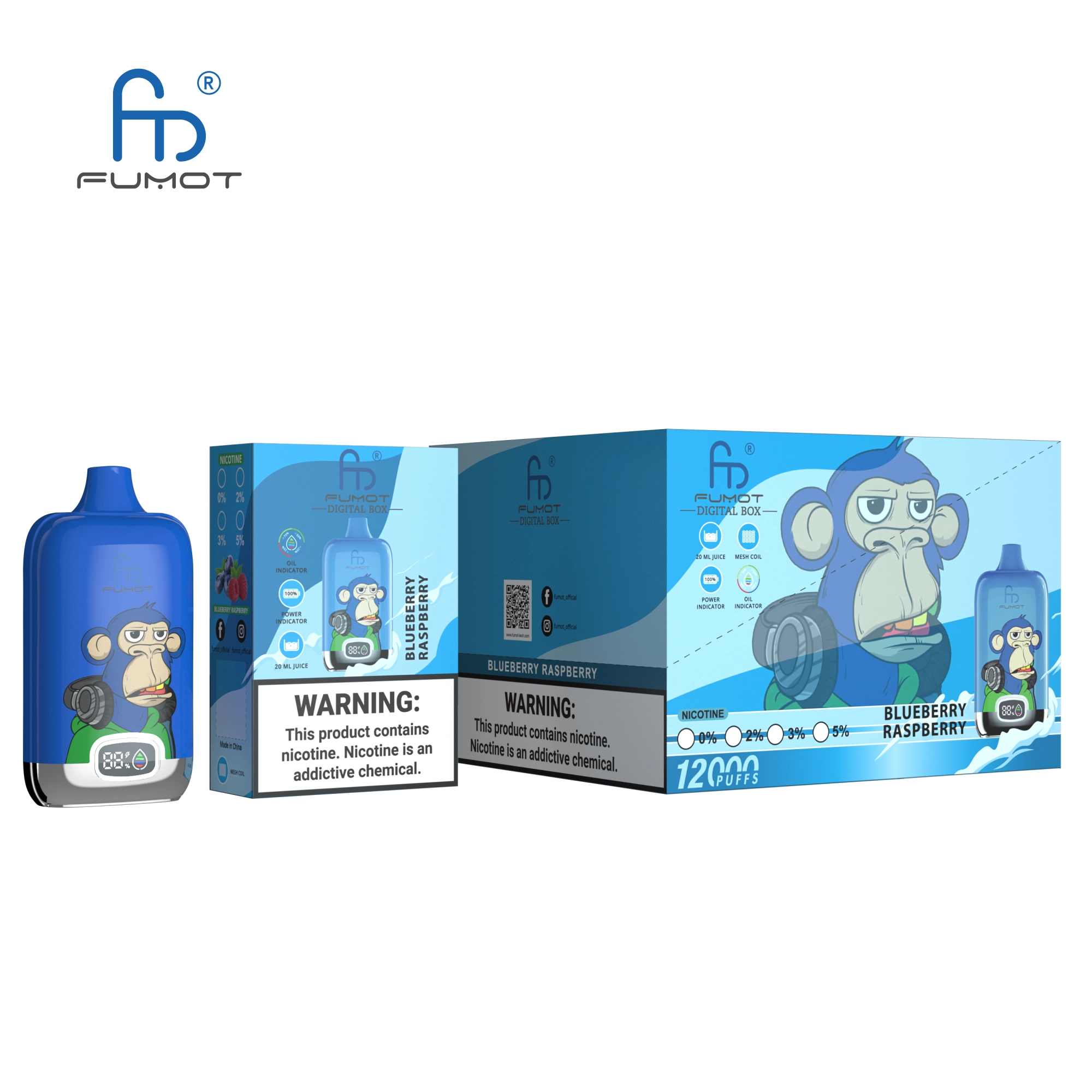 Fumot Randm Digital Box 12000 Blueberry Raspberry vape device and box with blue flavor-themed packaging.