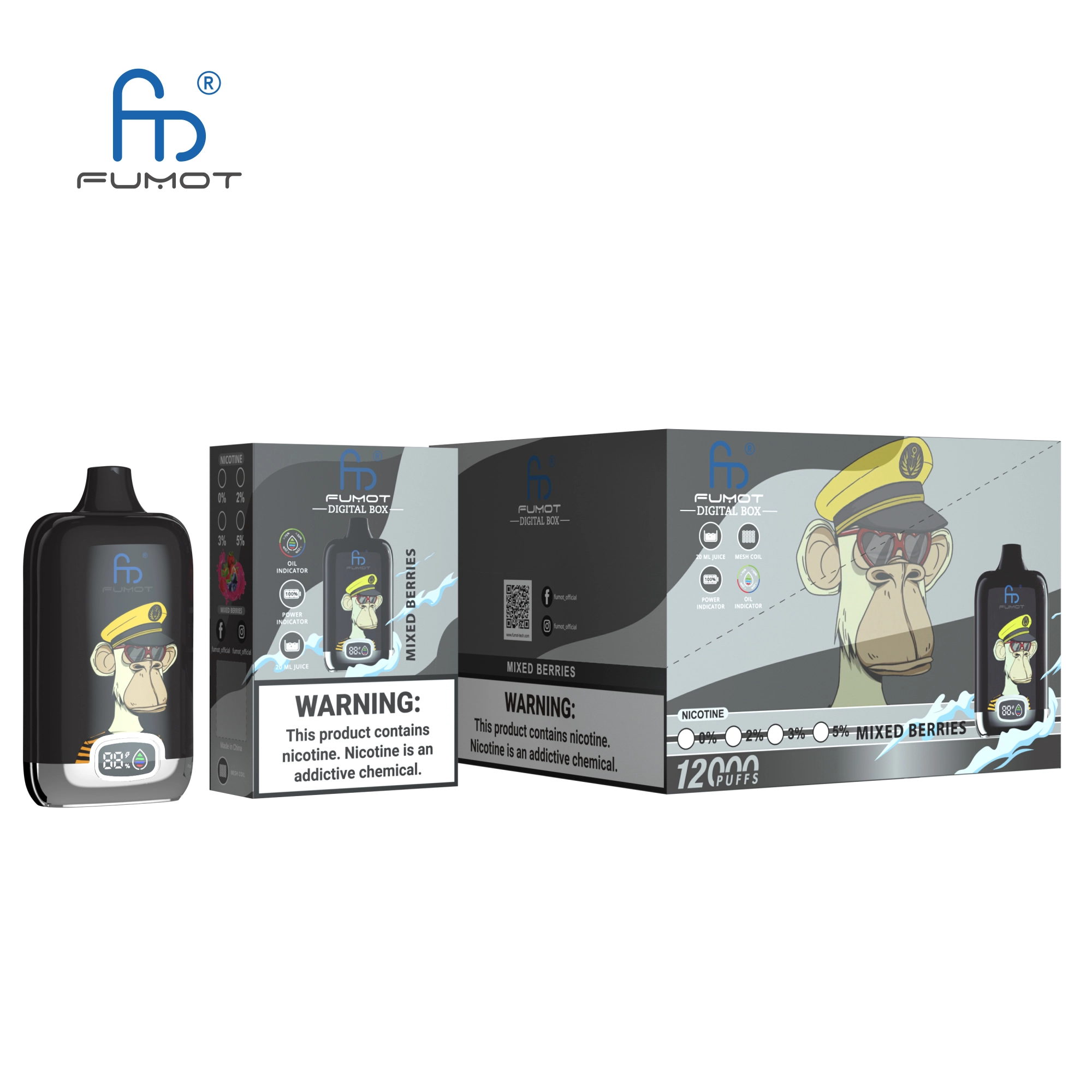 Fumot Randm Digital Box 12000 Mixed Berries vape device and box with dark berry flavor-themed packaging.