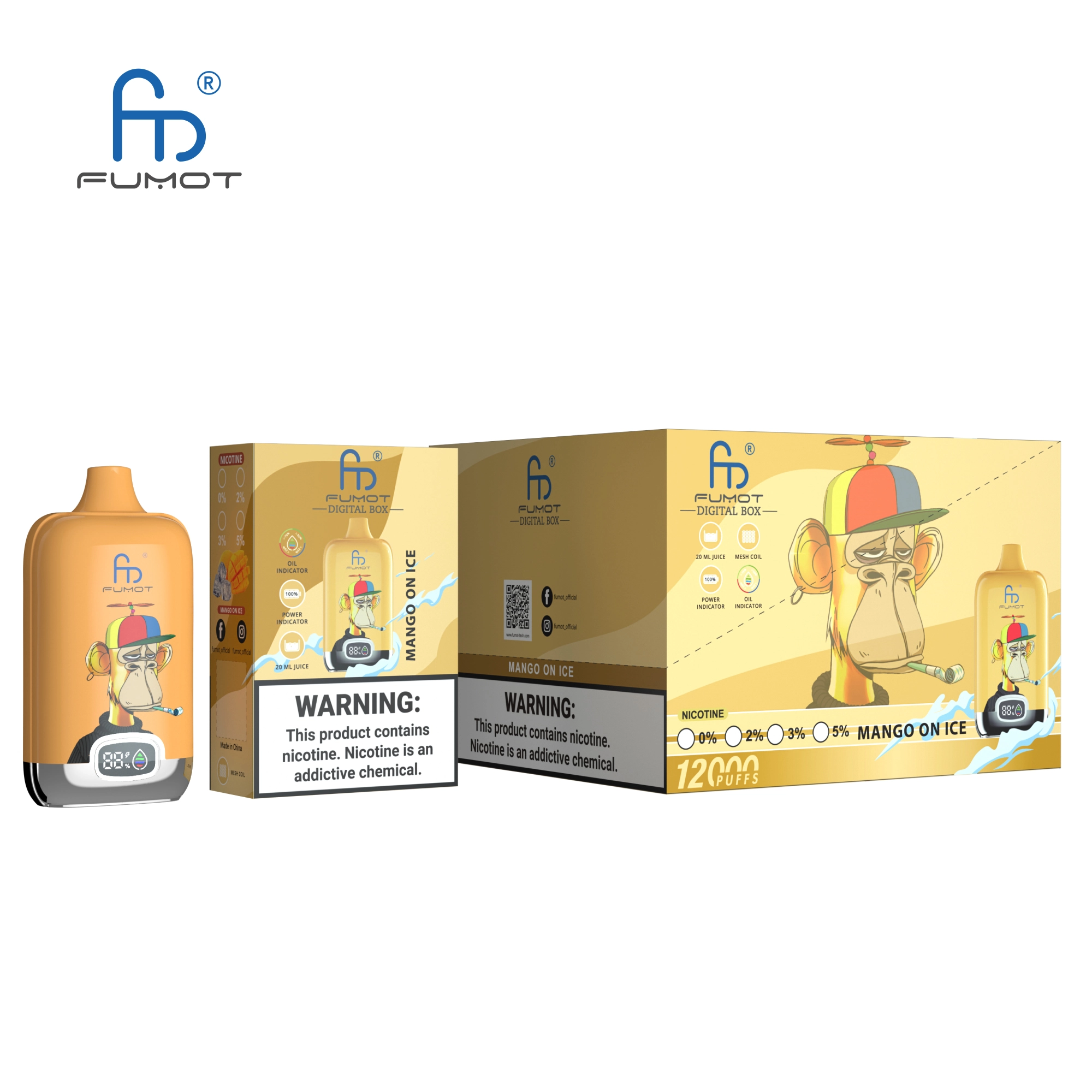 Fumot Randm Digital Box 12000 Mango On Ice vape device and box with orange mango flavor-themed packaging.