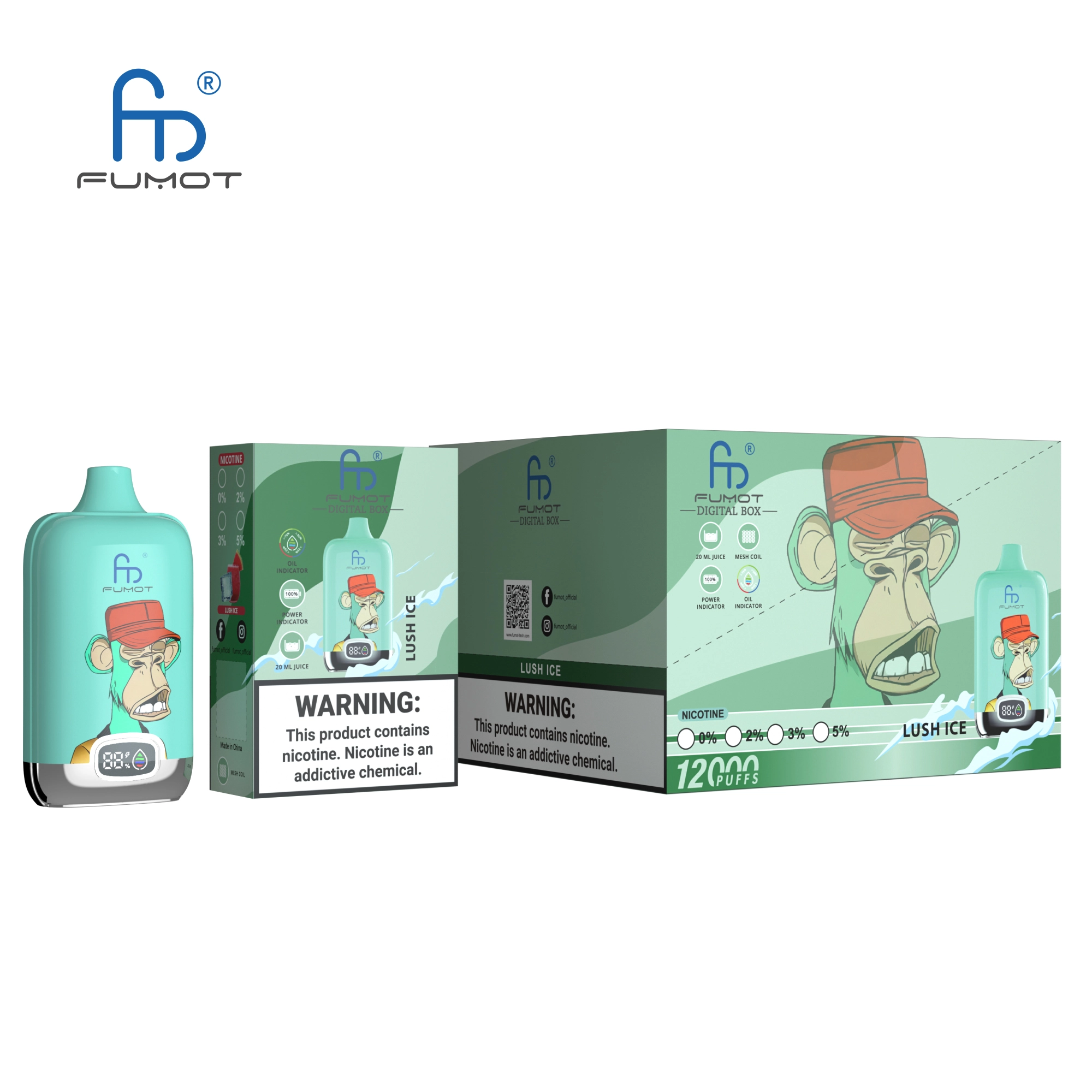 Fumot Randm Digital Box 12000 Lush Ice vape device and box with green watermelon ice flavor-themed packaging.