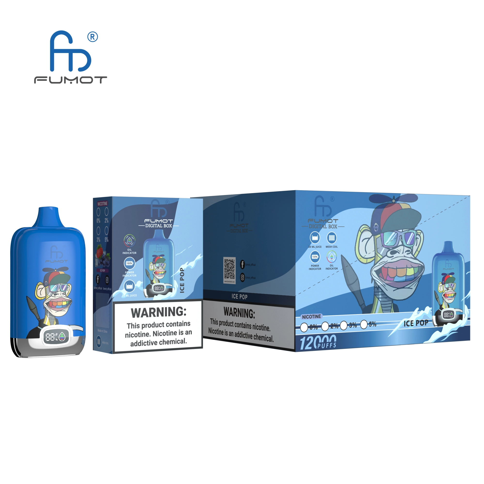 Fumot Randm Digital Box 12000 Ice Pop vape device and box with blue ice pop flavor-themed packaging.