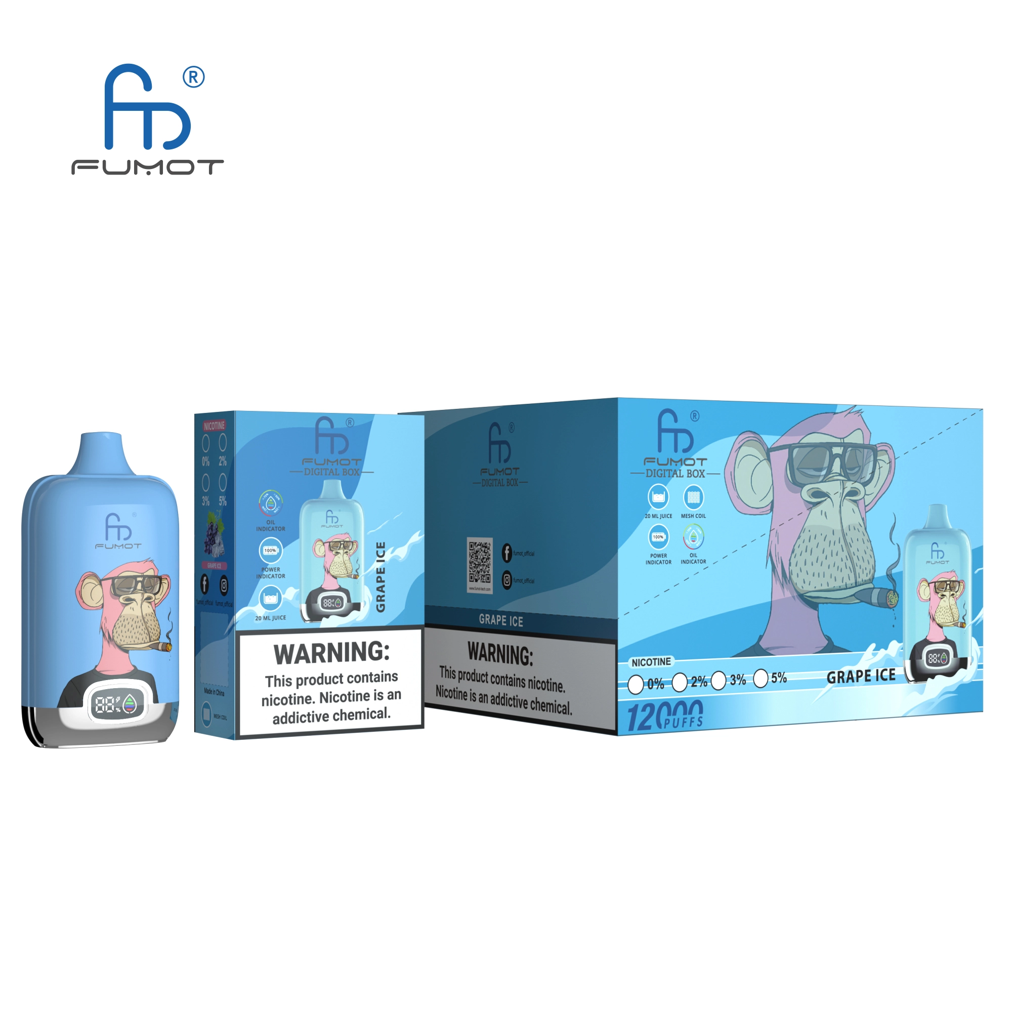 Fumot Randm Digital Box 12000 Grape Ice vape device and box with light blue grape ice flavor-themed packaging.