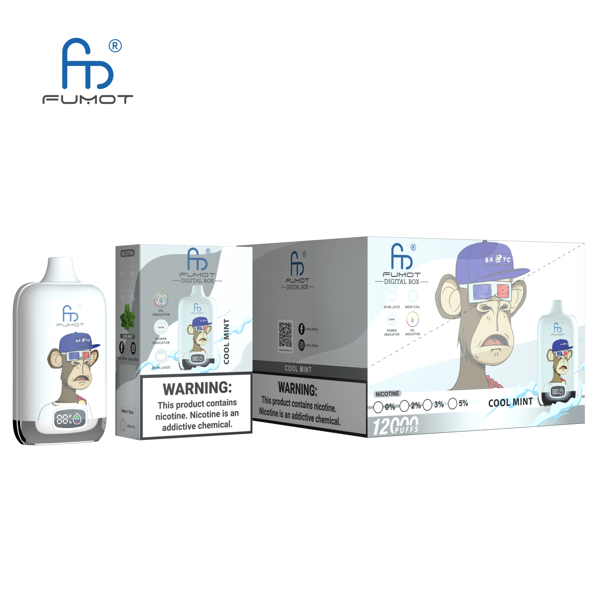 Fumot Randm Digital Box 12000 Cool Mint vape device and box with white and mint flavor-themed packaging.