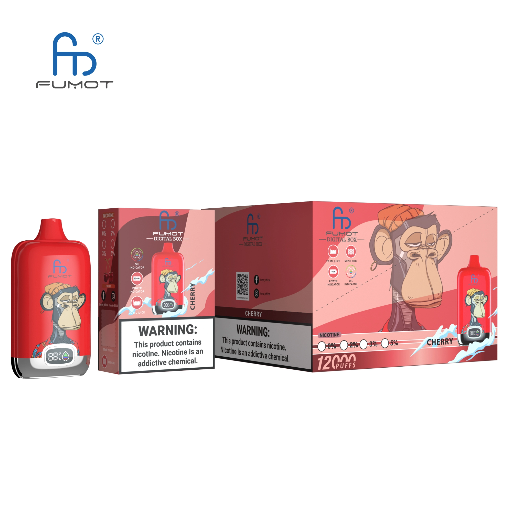 Fumot Randm Digital Box 12000 Cherry vape device and box with red cherry flavor-themed packaging.