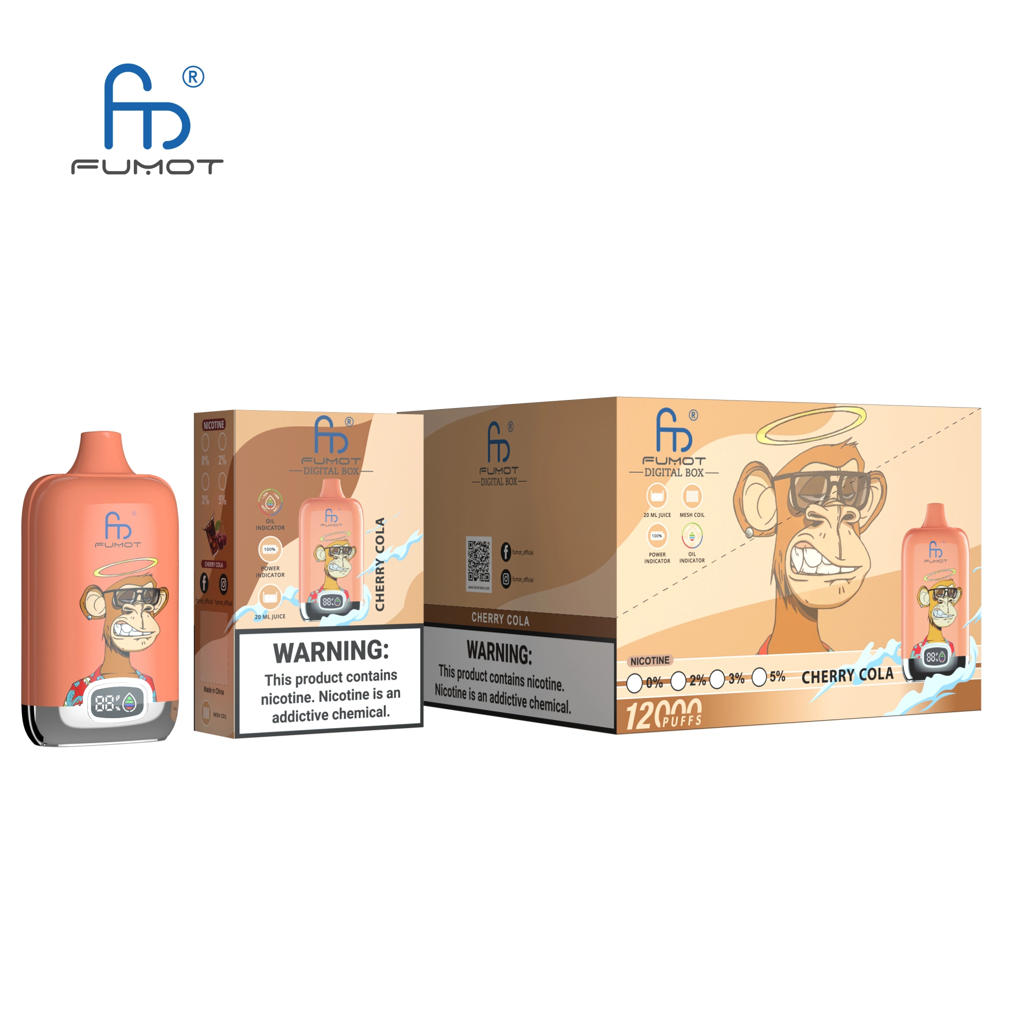 Fumot Randm Digital Box 12000 Cherry Cola vape device and box with peach cola flavor-themed packaging.
