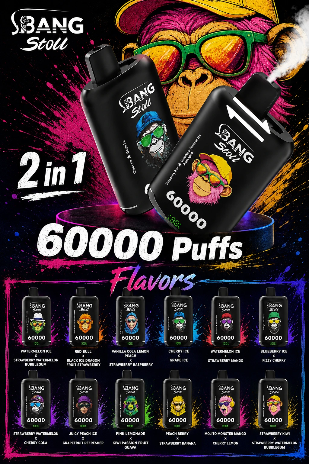 Bang Stoll 60K Disposable Vape – 60000 Puffs 2-in-1 Flavors Mesh Coil - 图片 2