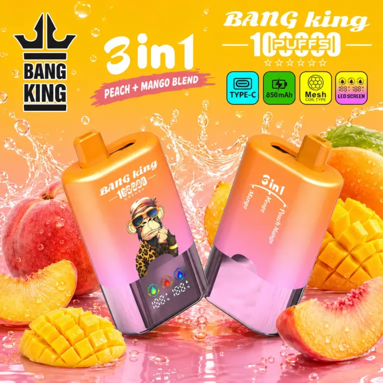 Bang King 100K Disposable Vape in Peach and Mango Blend, shown with 3-in-1 flavor design, Type-C charging and LED screen.