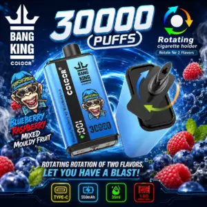 Bang King 30000 Puffs Vape poster with Blueberry Raspberry Mixed Fruit flavor and a rotating dual-flavor disposable design.