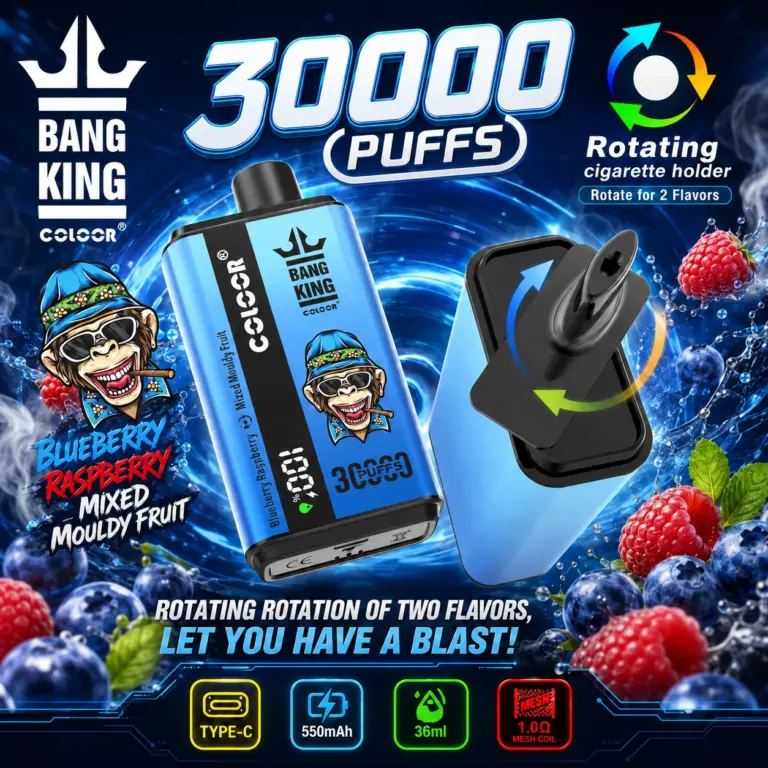 Bang King 30000 Puffs Vape poster with Blueberry Raspberry Mixed Fruit flavor and a rotating dual-flavor disposable design.