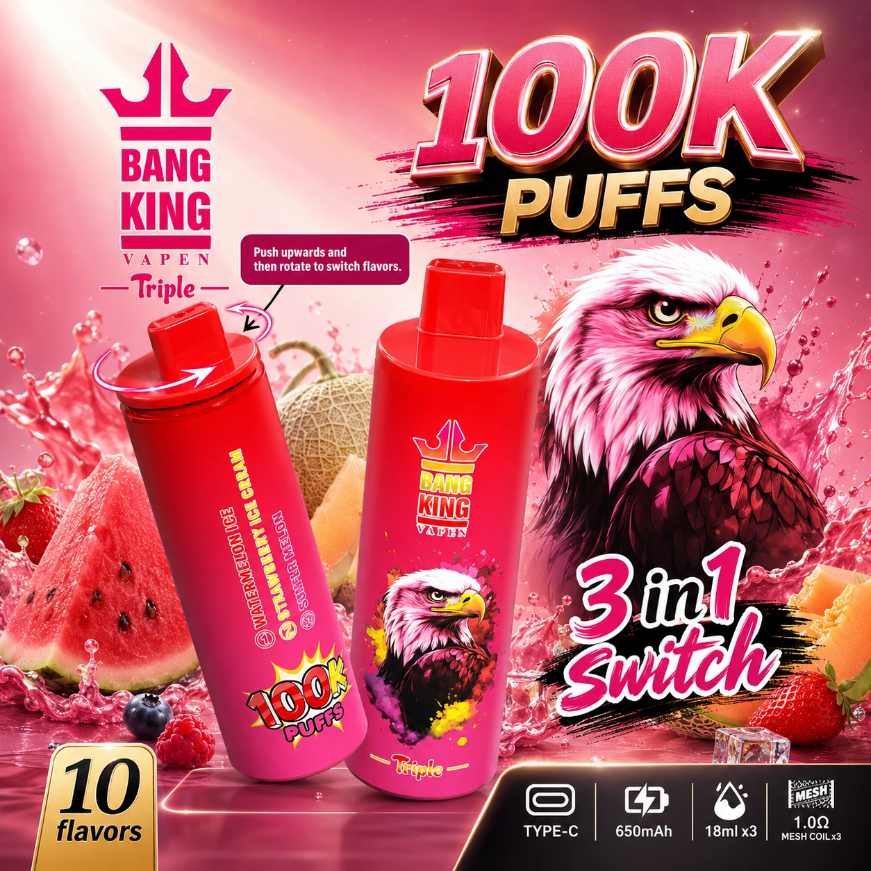 Bang King Triple 100K 3-in-1 Disposable Vape – 100,000 Puffs Triple Flavor Mesh Coil Device
