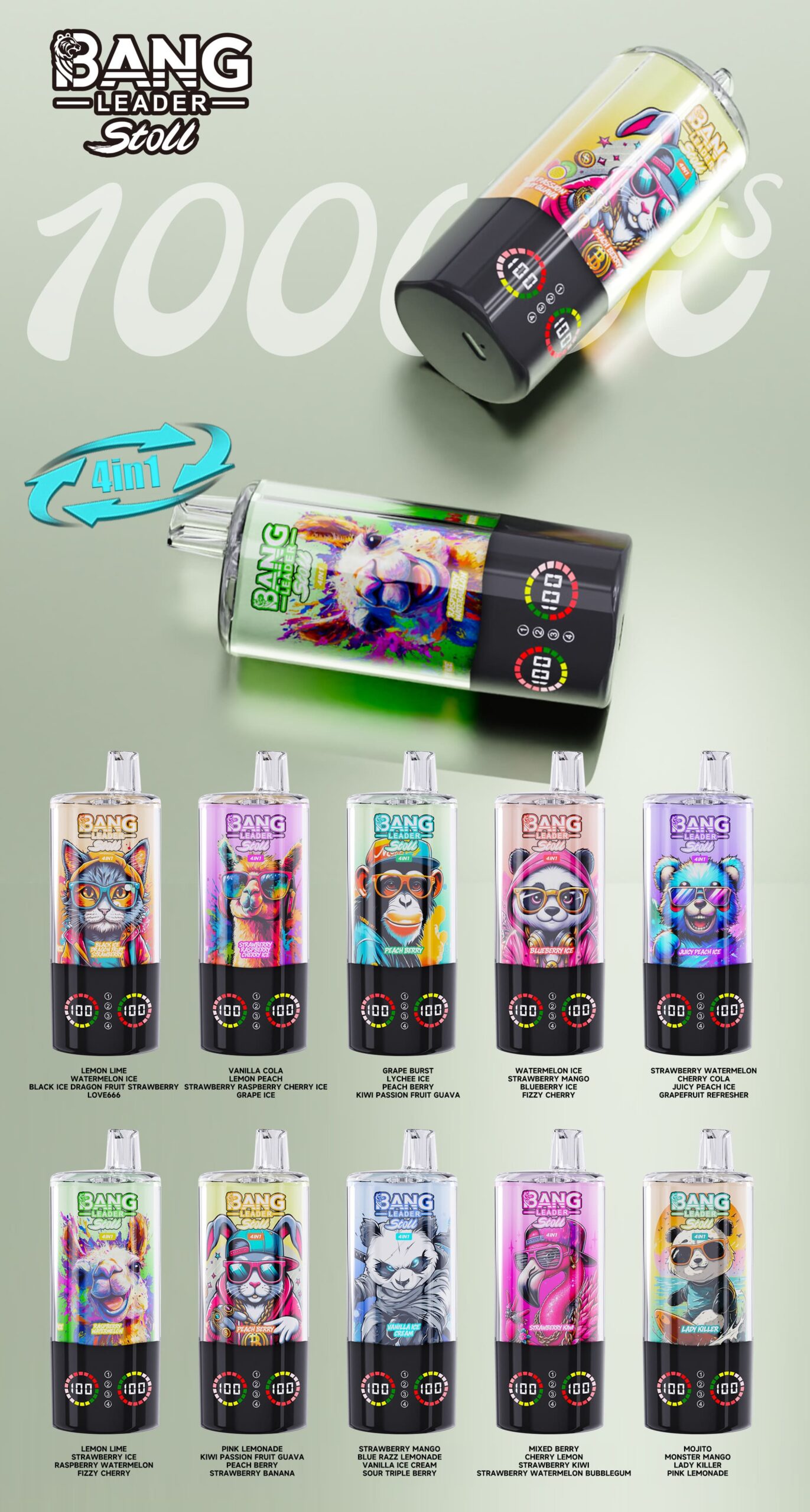 Bang Leader Stoll 100K Disposable Vape flavor chart showing ten 4-in-1 device options in the 100000-puff collection.