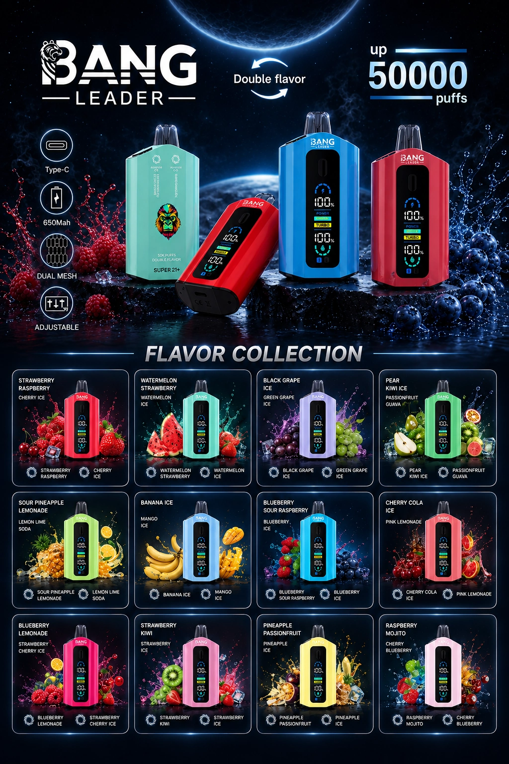 Bang Leader 50K Disposable Vape – 50000 Puffs 2-in-1 Flavors Dual Mesh Coil - 图片 2