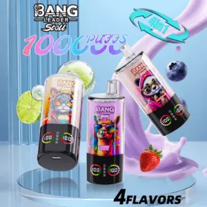 Bang Leader Stoll 100K Disposable Vape lineup showing three 4-in-1 flavor devices with dual percentage-style LED displays.