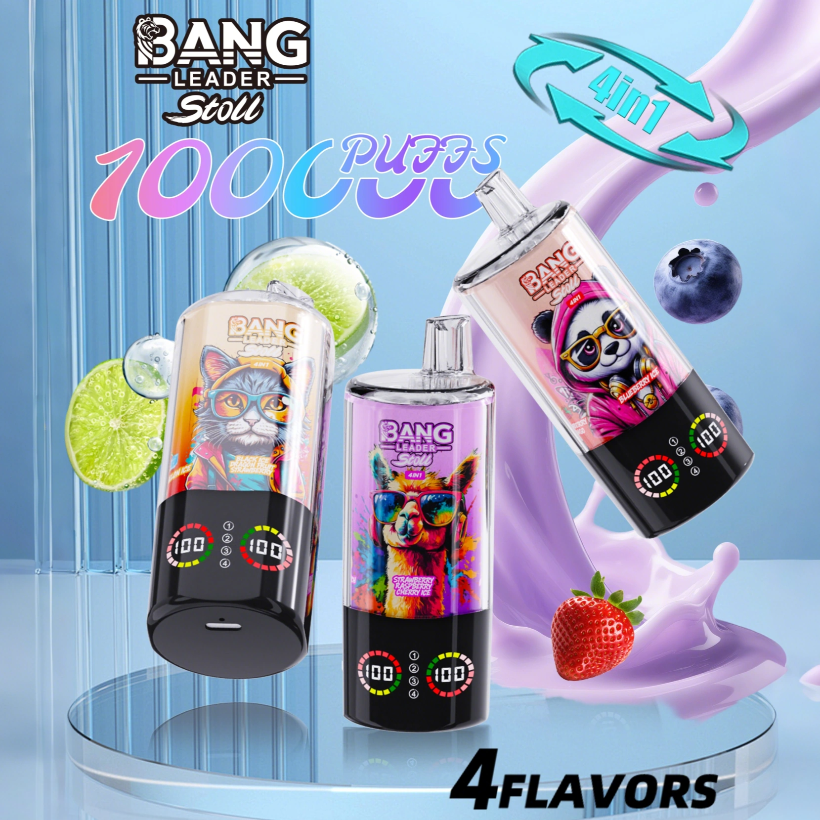 Bang Leader Stoll 100K Disposable Vape lineup showing three 4-in-1 flavor devices with dual percentage-style LED displays.