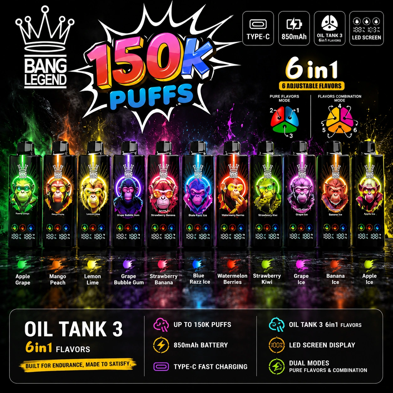Bang Legend 150K Vape all flavors collection 6 in 1 disposable vape 150000 puffs